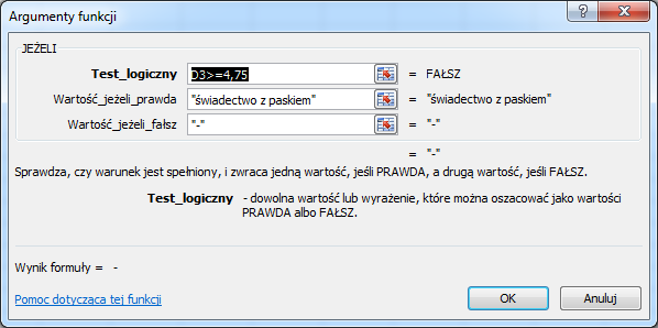 Funkcja JEŻELI